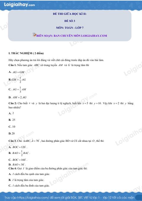 Đề thi giữa kì 2 Toán 7 - Đề số 3 - Chân trời sáng tạo